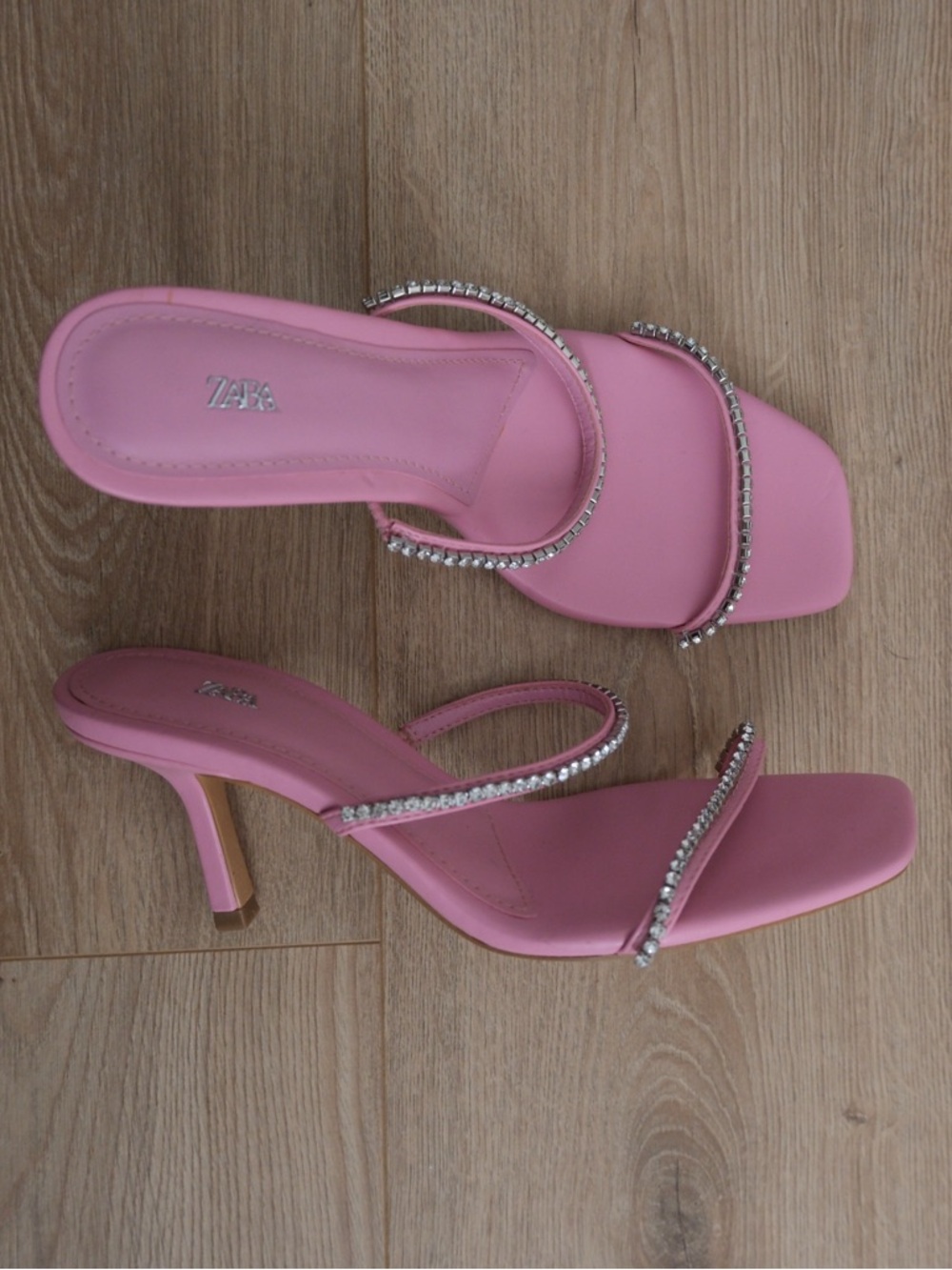 Zara Pink Crystal-Strap Mid Heel Sandals